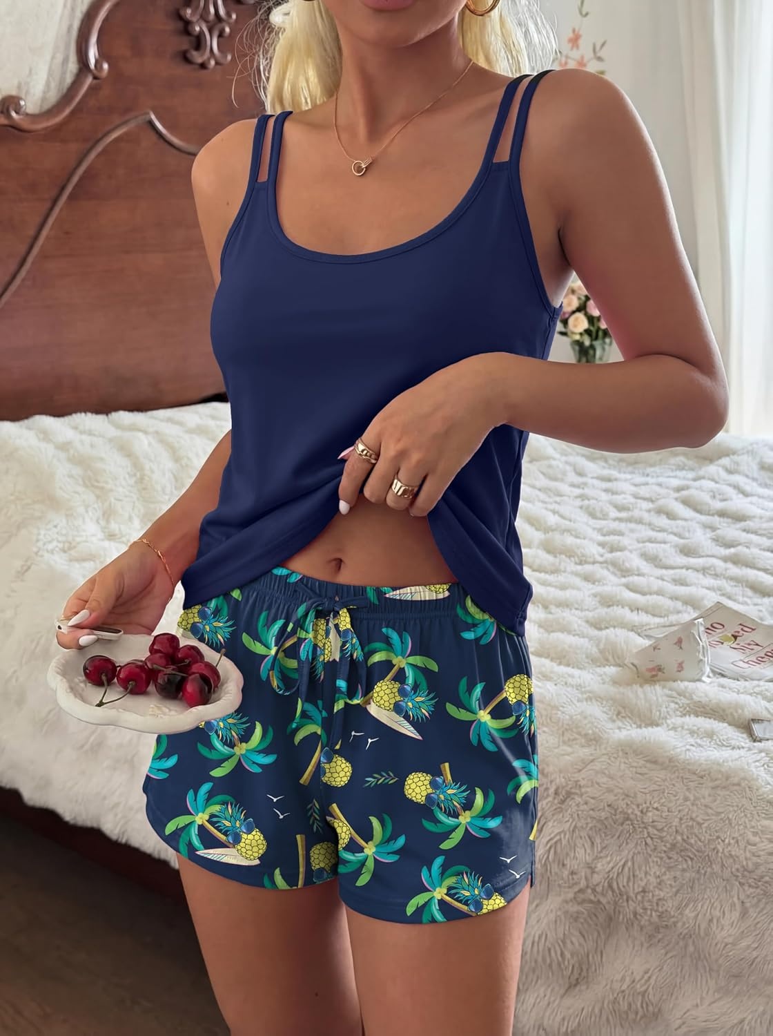 image:imageEkouaer Womens Cami Pajama Set Sexy Tank Top and Shorts Set Sleeveless Racerback Pjs Summer Soft Sleepwear SXXLNavy Pineapple Coconut Tree Skateboard