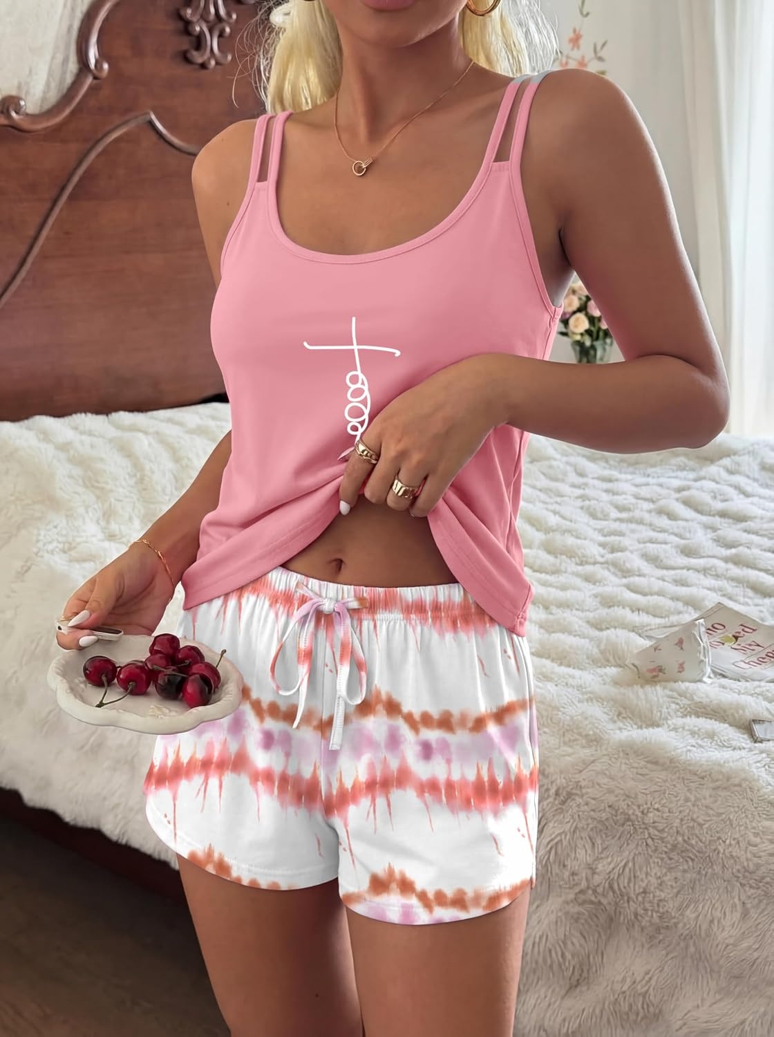 image:imageEkouaer Womens Cami Pajama Set Sexy Tank Top and Shorts Set Sleeveless Racerback Pjs Summer Soft Sleepwear SXXLOmbre Pink