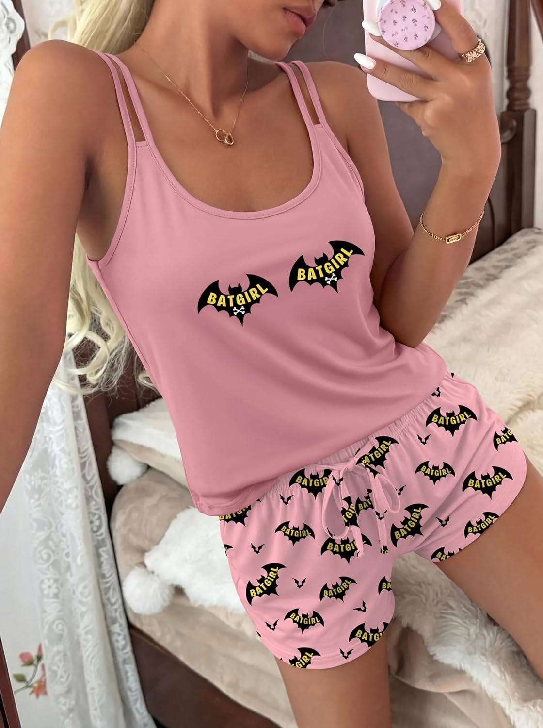 image:imageEkouaer Womens Cami Pajama Set Sexy Tank Top and Shorts Set Sleeveless Racerback Pjs Summer Soft Sleepwear SXXLPink Bat