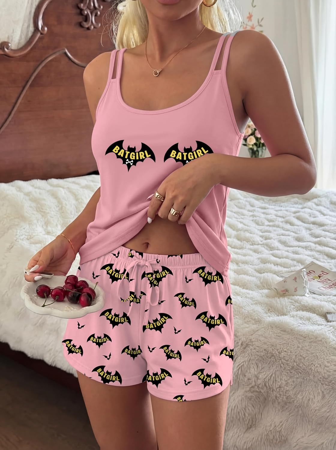 image:imageEkouaer Womens Cami Pajama Set Sexy Tank Top and Shorts Set Sleeveless Racerback Pjs Summer Soft Sleepwear SXXLPink Bat
