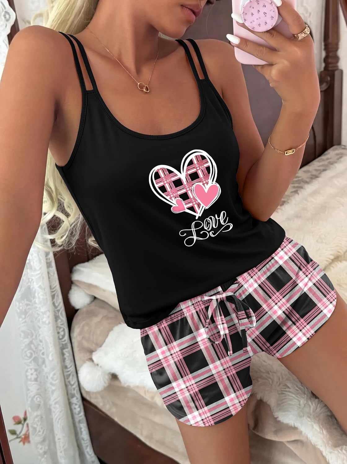 image:imageEkouaer Womens Cami Pajama Set Sexy Tank Top and Shorts Set Sleeveless Racerback Pjs Summer Soft Sleepwear SXXLPink Love Plaid