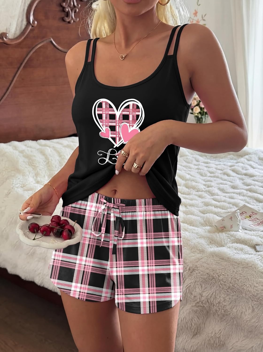 image:imageEkouaer Womens Cami Pajama Set Sexy Tank Top and Shorts Set Sleeveless Racerback Pjs Summer Soft Sleepwear SXXLPink Love Plaid