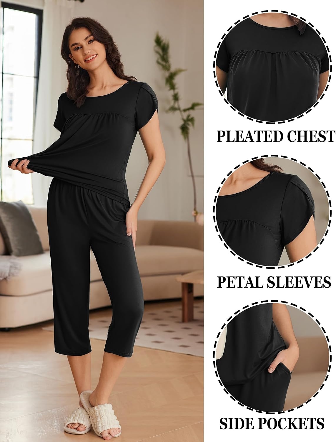 image:imageEkouaer Womens Capri Pajama Set Short Sleeve Mumu Pjs Pleated Top Capri Pants with Pockets Sleepwear Lounge Set2 PackblackDeep Blue