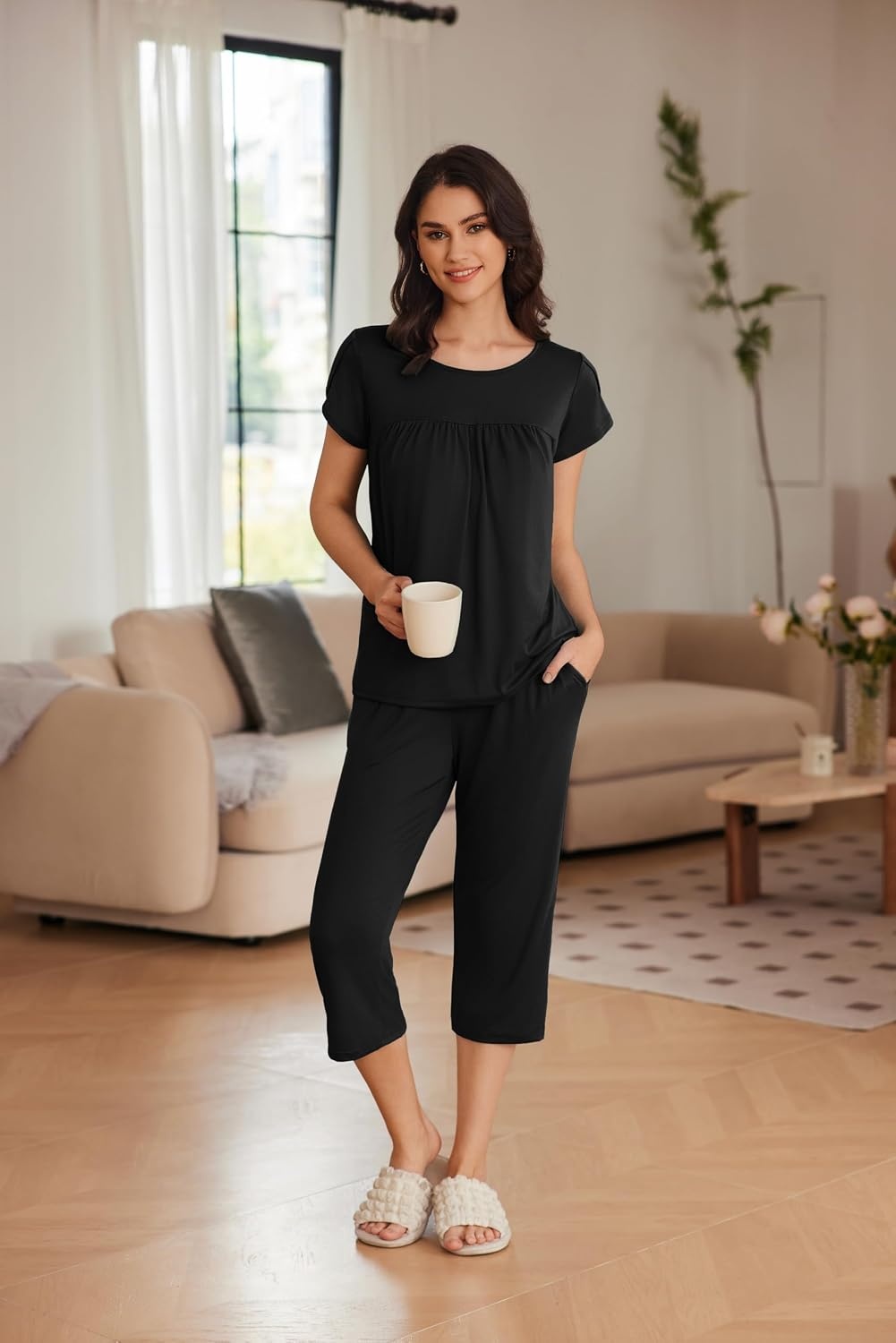 image:imageEkouaer Womens Capri Pajama Set Short Sleeve Mumu Pjs Pleated Top Capri Pants with Pockets Sleepwear Lounge Set2 PackblackLight Grey