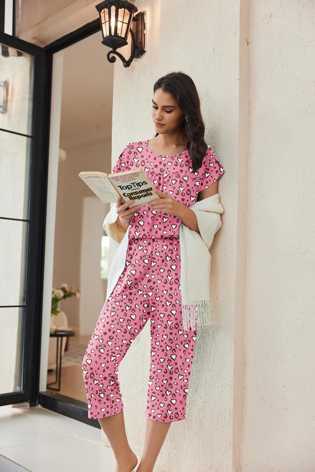 image:imageEkouaer Womens Capri Pajama Set Short Sleeve Mumu Pjs Pleated Top Capri Pants with Pockets Sleepwear Lounge Set2 Packpink Leopard PrintDeep Blue