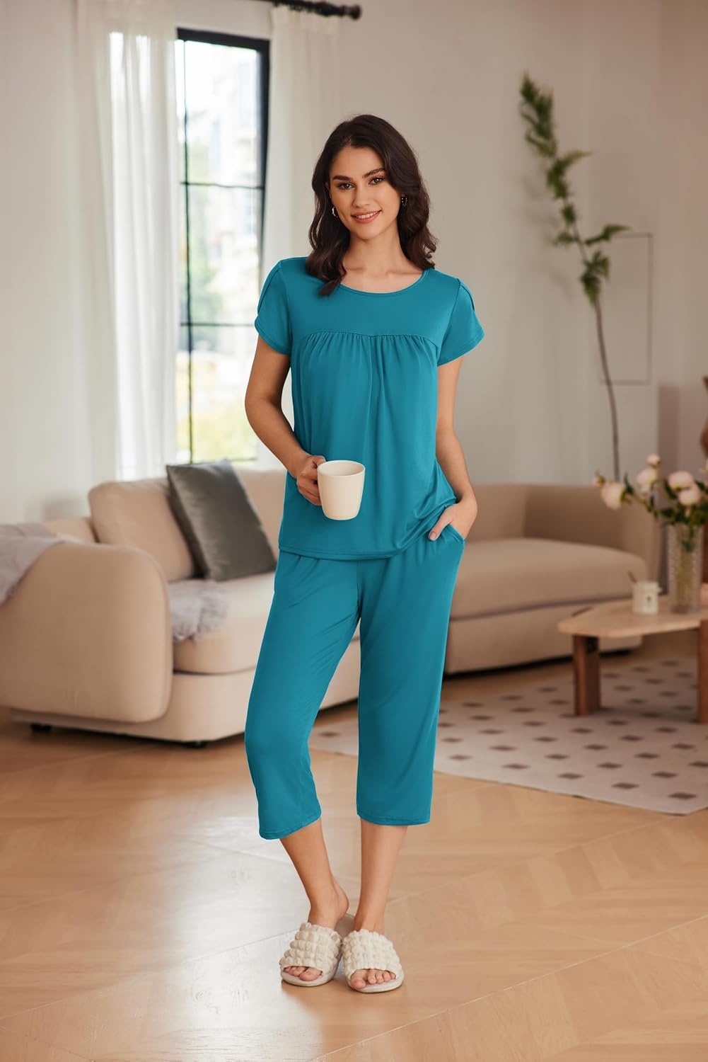 image:imageEkouaer Womens Capri Pajama Set Short Sleeve Mumu Pjs Pleated Top Capri Pants with Pockets Sleepwear Lounge Set2 Packpink Leopard PrintDeep Blue