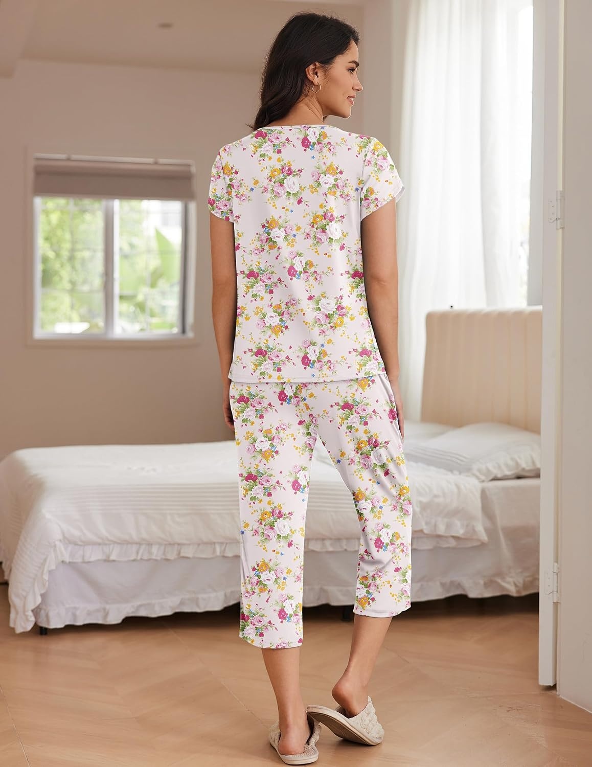 image:imageEkouaer Womens Capri Pajama Set Short Sleeve Mumu Pjs Pleated Top Capri Pants with Pockets Sleepwear Lounge SetApricot Flowers