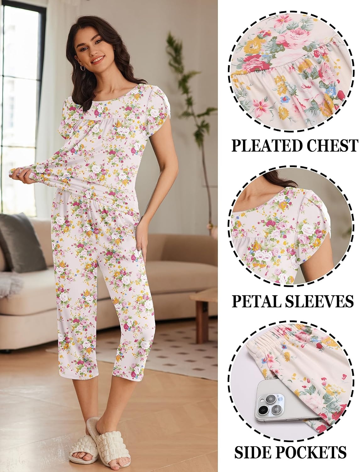 image:imageEkouaer Womens Capri Pajama Set Short Sleeve Mumu Pjs Pleated Top Capri Pants with Pockets Sleepwear Lounge SetApricot Flowers