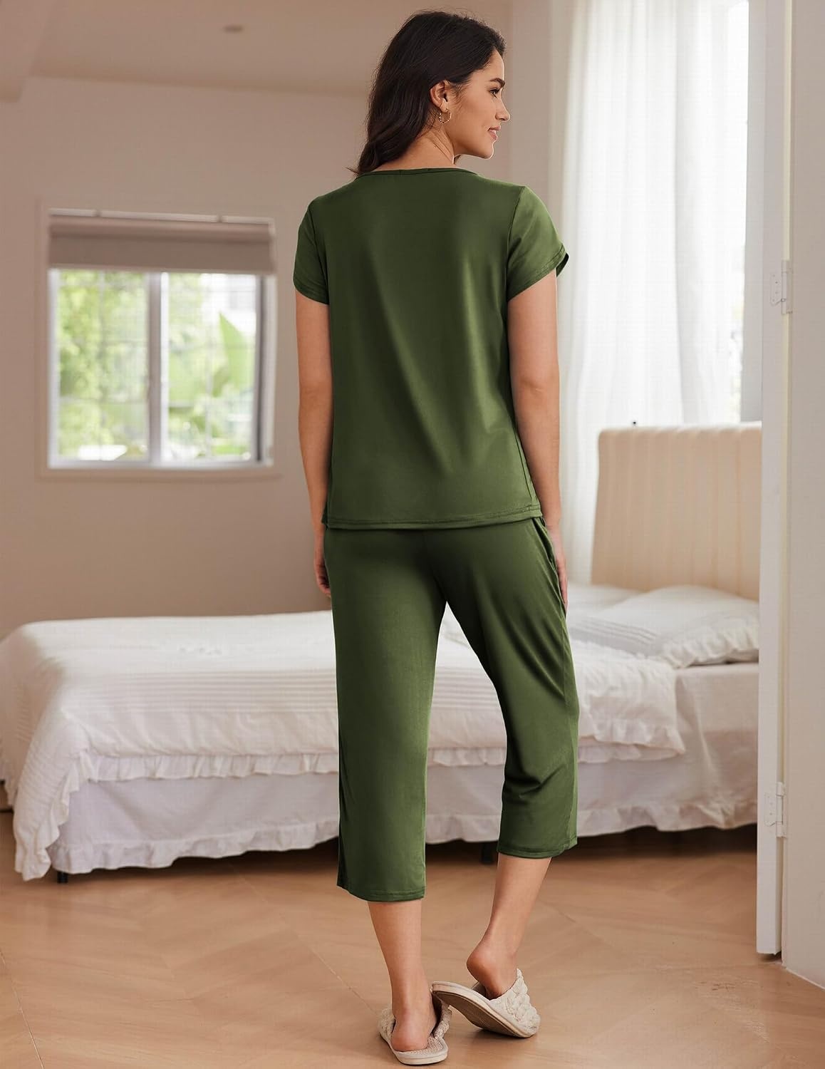 image:imageEkouaer Womens Capri Pajama Set Short Sleeve Mumu Pjs Pleated Top Capri Pants with Pockets Sleepwear Lounge SetArmy Green