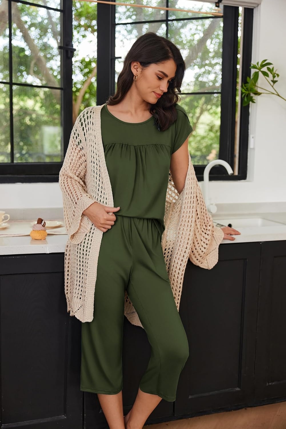 image:imageEkouaer Womens Capri Pajama Set Short Sleeve Mumu Pjs Pleated Top Capri Pants with Pockets Sleepwear Lounge SetArmy Green