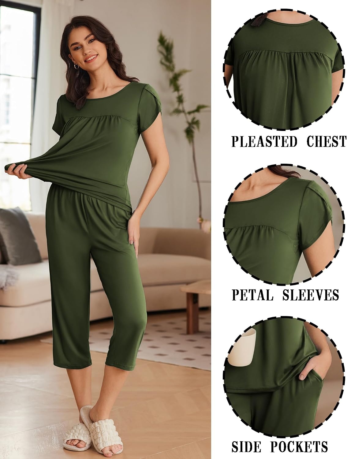 image:imageEkouaer Womens Capri Pajama Set Short Sleeve Mumu Pjs Pleated Top Capri Pants with Pockets Sleepwear Lounge SetArmy Green