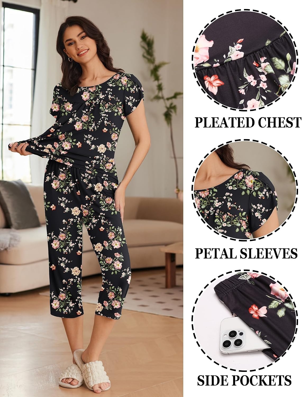 image:imageEkouaer Womens Capri Pajama Set Short Sleeve Mumu Pjs Pleated Top Capri Pants with Pockets Sleepwear Lounge SetBlack Flowers