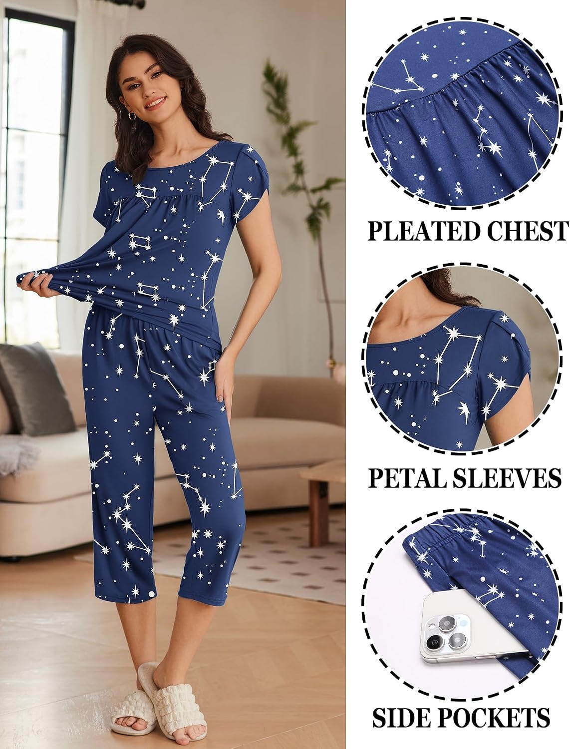 image:imageEkouaer Womens Capri Pajama Set Short Sleeve Mumu Pjs Pleated Top Capri Pants with Pockets Sleepwear Lounge SetBlue Stars