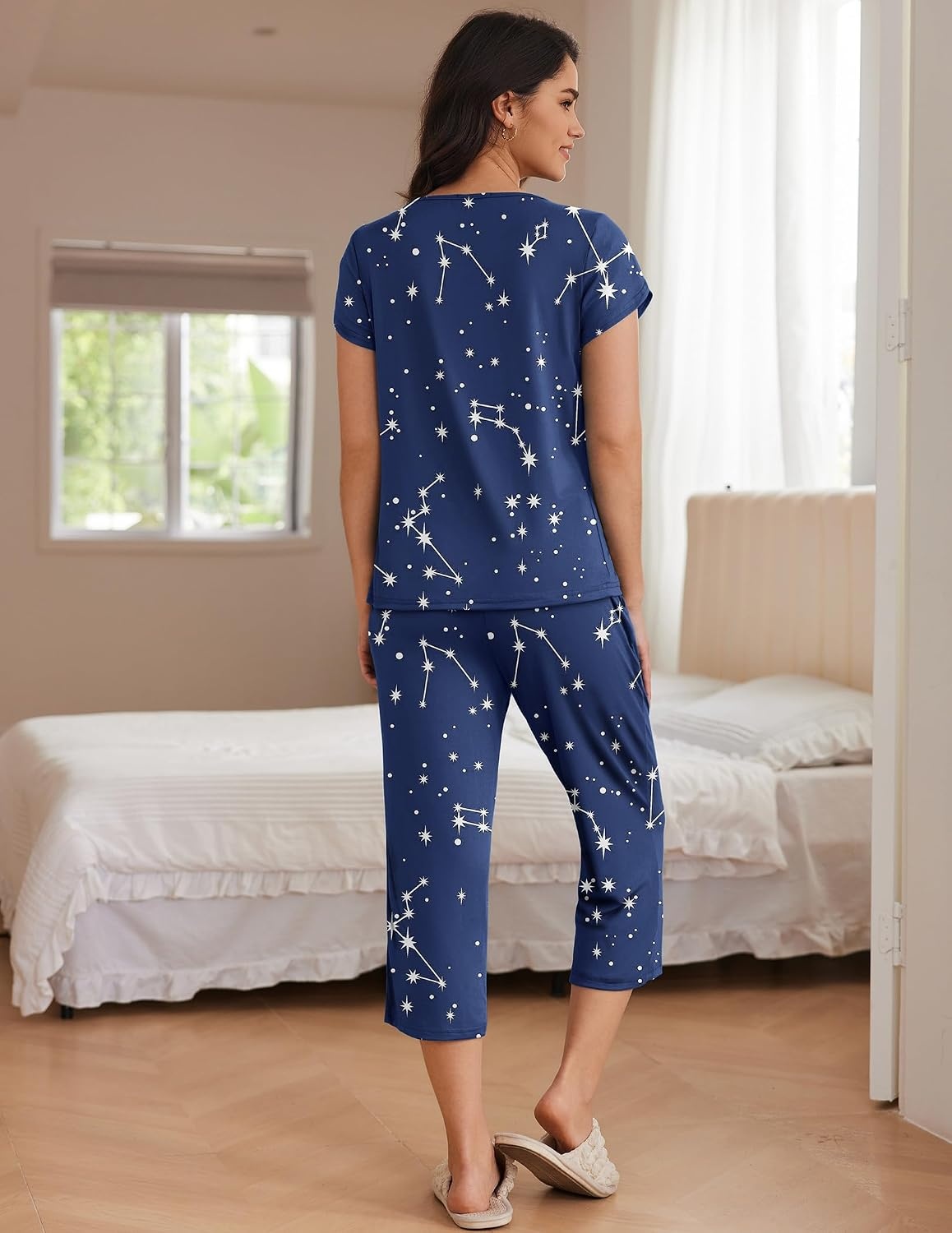image:imageEkouaer Womens Capri Pajama Set Short Sleeve Mumu Pjs Pleated Top Capri Pants with Pockets Sleepwear Lounge SetBlue Stars