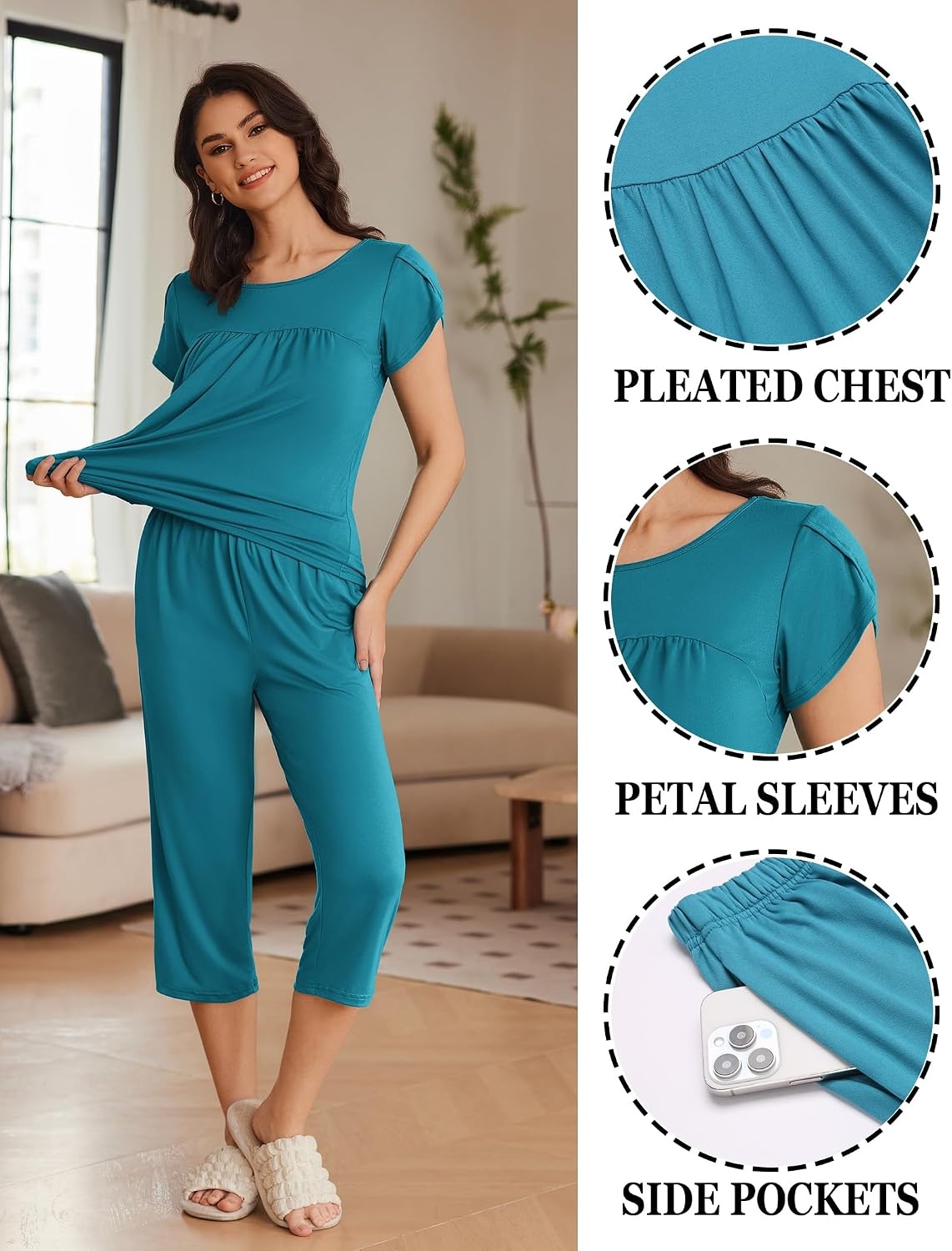 image:imageEkouaer Womens Capri Pajama Set Short Sleeve Mumu Pjs Pleated Top Capri Pants with Pockets Sleepwear Lounge SetDeep Blue