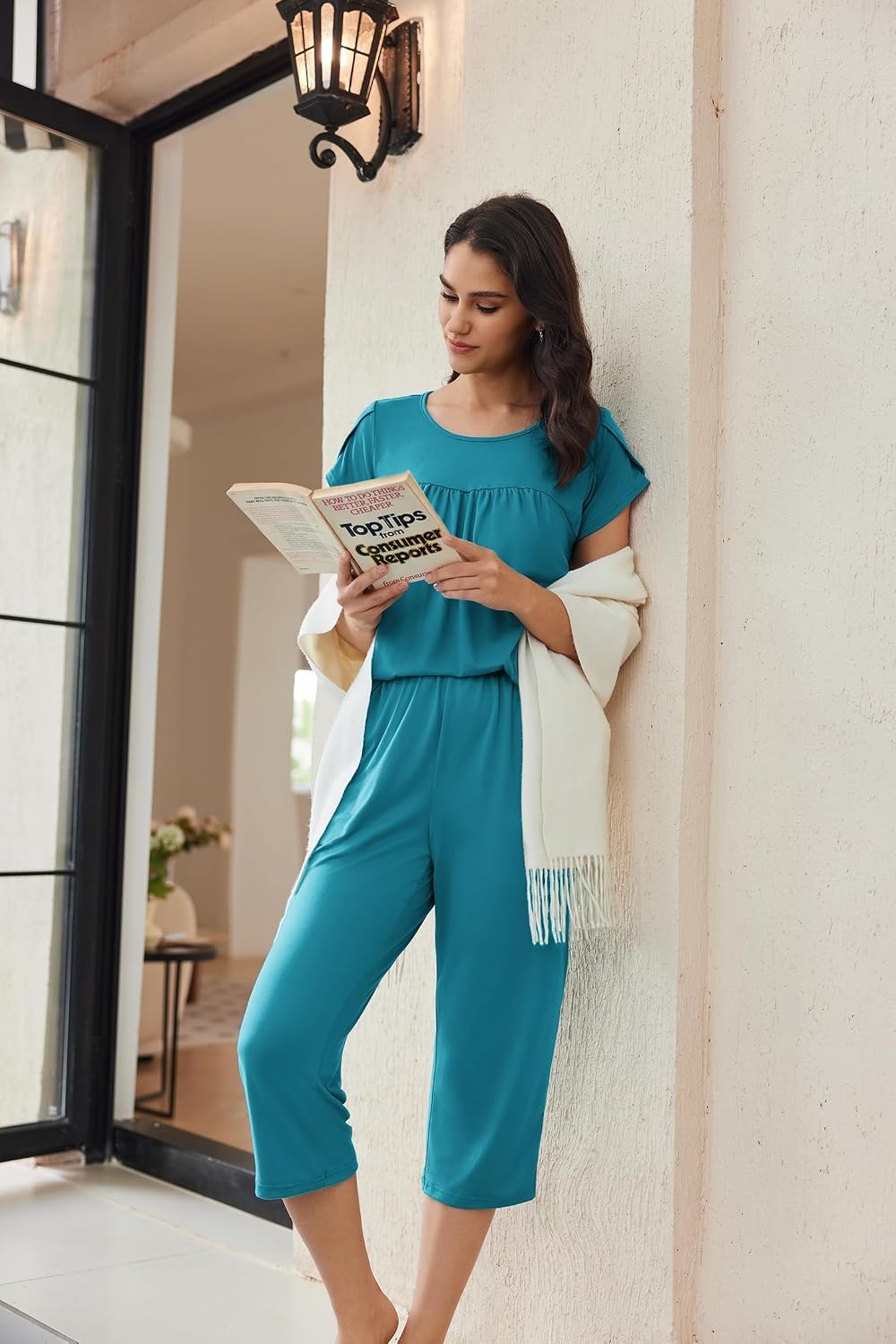 image:imageEkouaer Womens Capri Pajama Set Short Sleeve Mumu Pjs Pleated Top Capri Pants with Pockets Sleepwear Lounge SetDeep Blue