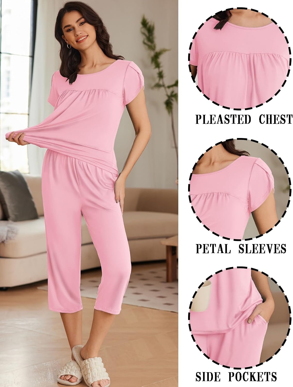image:imageEkouaer Womens Capri Pajama Set Short Sleeve Mumu Pjs Pleated Top Capri Pants with Pockets Sleepwear Lounge SetDeep Pink