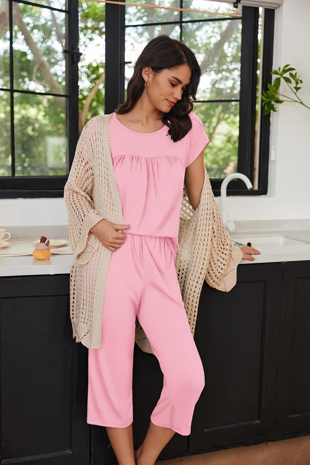 image:imageEkouaer Womens Capri Pajama Set Short Sleeve Mumu Pjs Pleated Top Capri Pants with Pockets Sleepwear Lounge SetDeep Pink