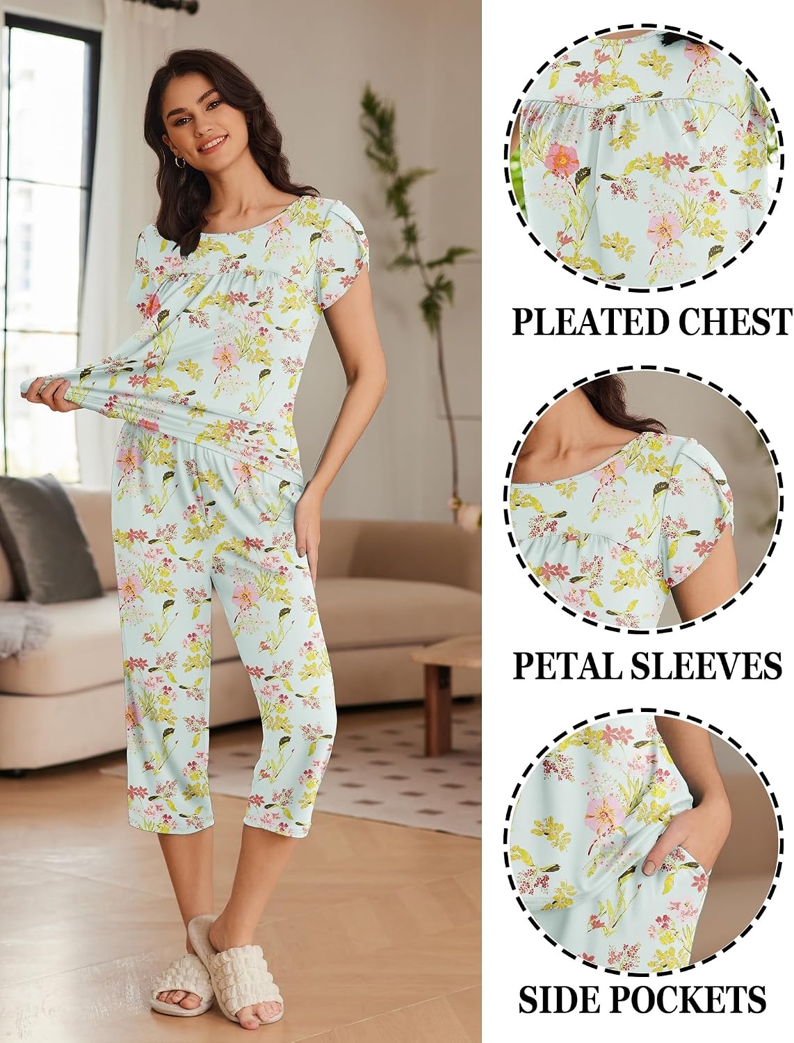 image:imageEkouaer Womens Capri Pajama Set Short Sleeve Mumu Pjs Pleated Top Capri Pants with Pockets Sleepwear Lounge SetGreen Flowers