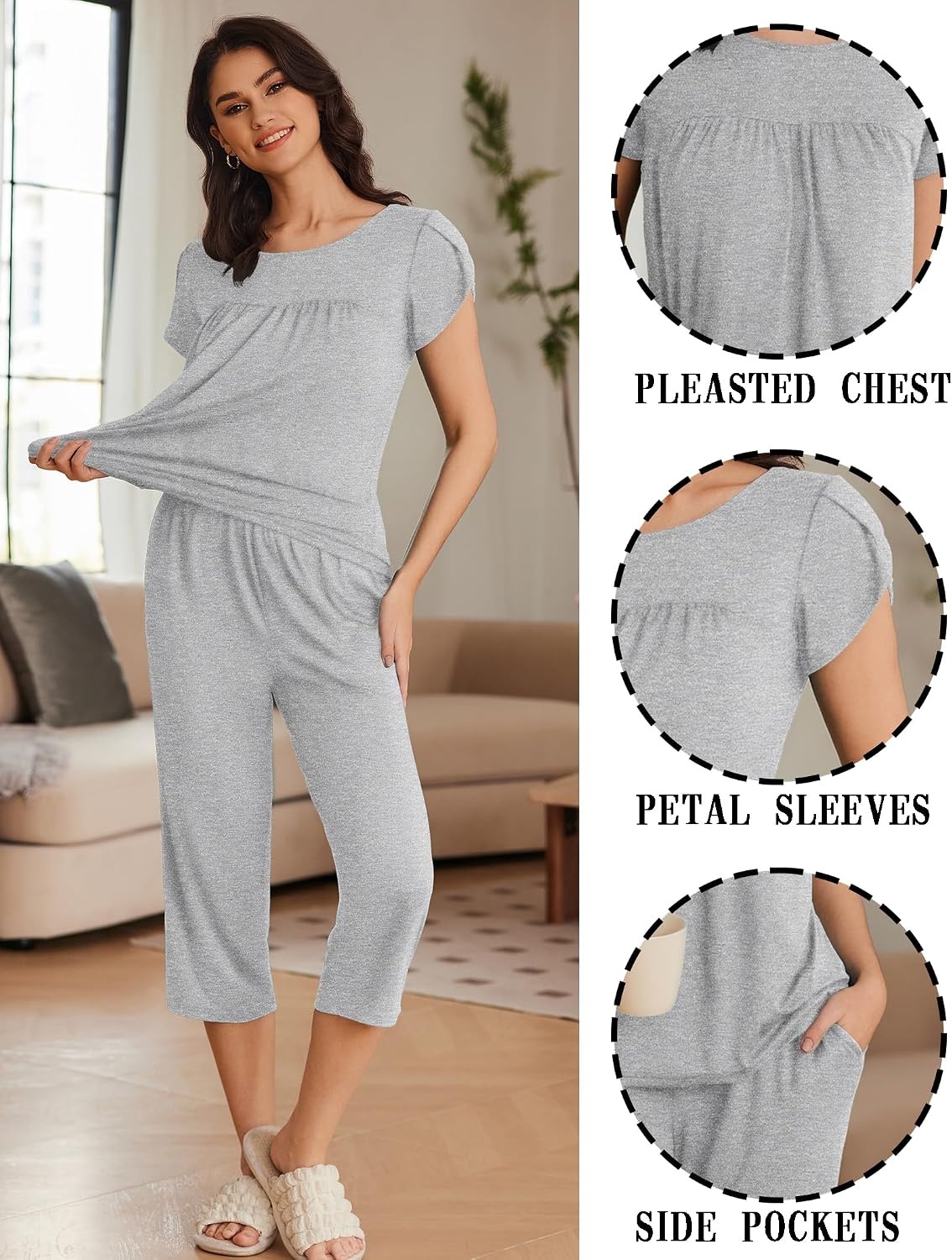 image:imageEkouaer Womens Capri Pajama Set Short Sleeve Mumu Pjs Pleated Top Capri Pants with Pockets Sleepwear Lounge SetLight Grey