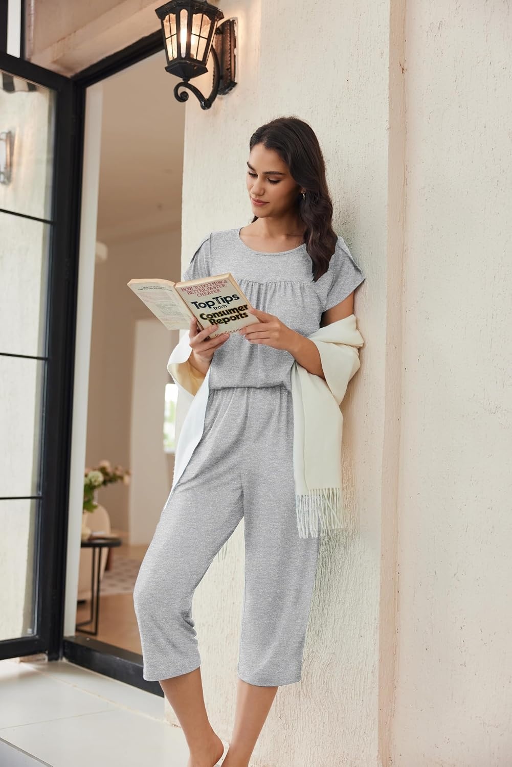 image:imageEkouaer Womens Capri Pajama Set Short Sleeve Mumu Pjs Pleated Top Capri Pants with Pockets Sleepwear Lounge SetLight Grey