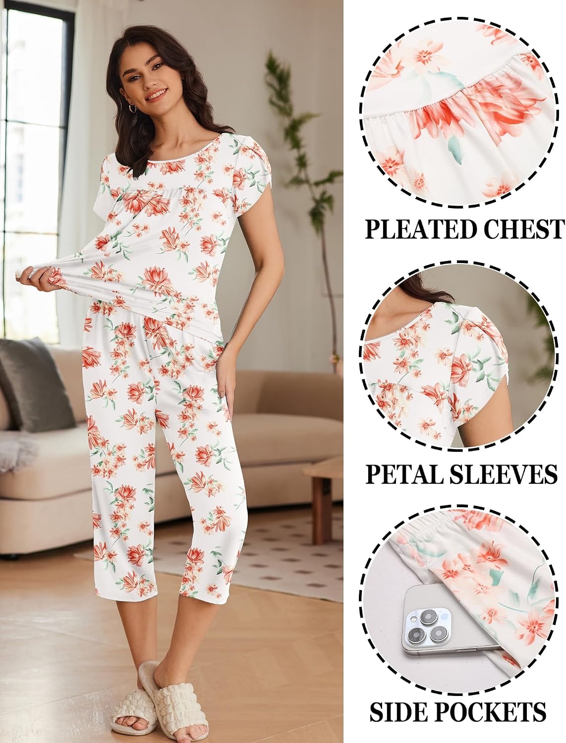 image:imageEkouaer Womens Capri Pajama Set Short Sleeve Mumu Pjs Pleated Top Capri Pants with Pockets Sleepwear Lounge SetPink Flowers