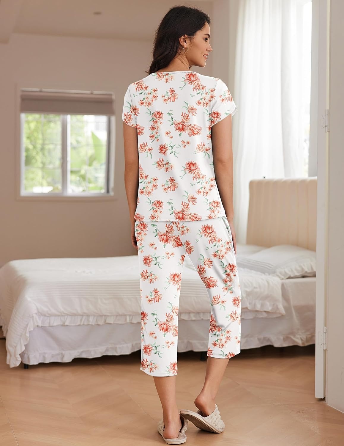 image:imageEkouaer Womens Capri Pajama Set Short Sleeve Mumu Pjs Pleated Top Capri Pants with Pockets Sleepwear Lounge SetPink Flowers
