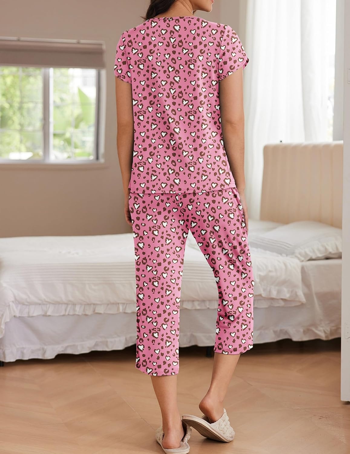 image:imageEkouaer Womens Capri Pajama Set Short Sleeve Mumu Pjs Pleated Top Capri Pants with Pockets Sleepwear Lounge SetPink Leopard Print