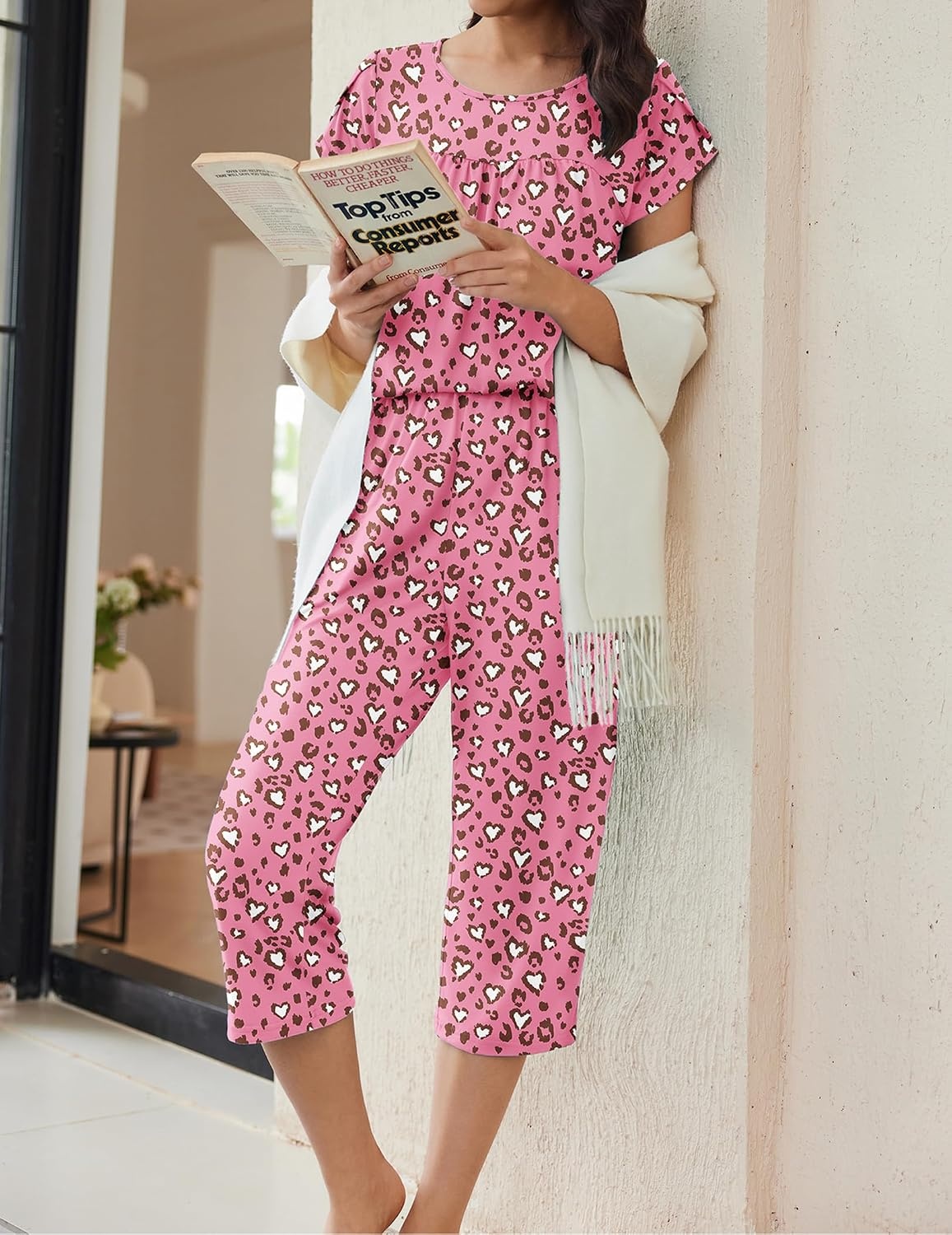 image:imageEkouaer Womens Capri Pajama Set Short Sleeve Mumu Pjs Pleated Top Capri Pants with Pockets Sleepwear Lounge SetPink Leopard Print