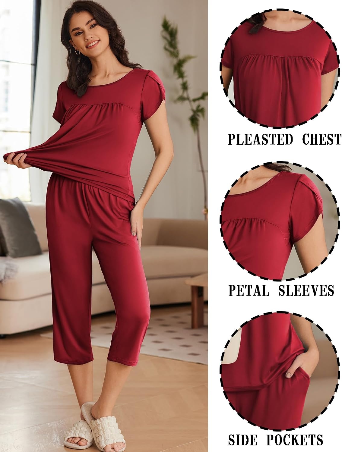 image:imageEkouaer Womens Capri Pajama Set Short Sleeve Mumu Pjs Pleated Top Capri Pants with Pockets Sleepwear Lounge SetWine Red