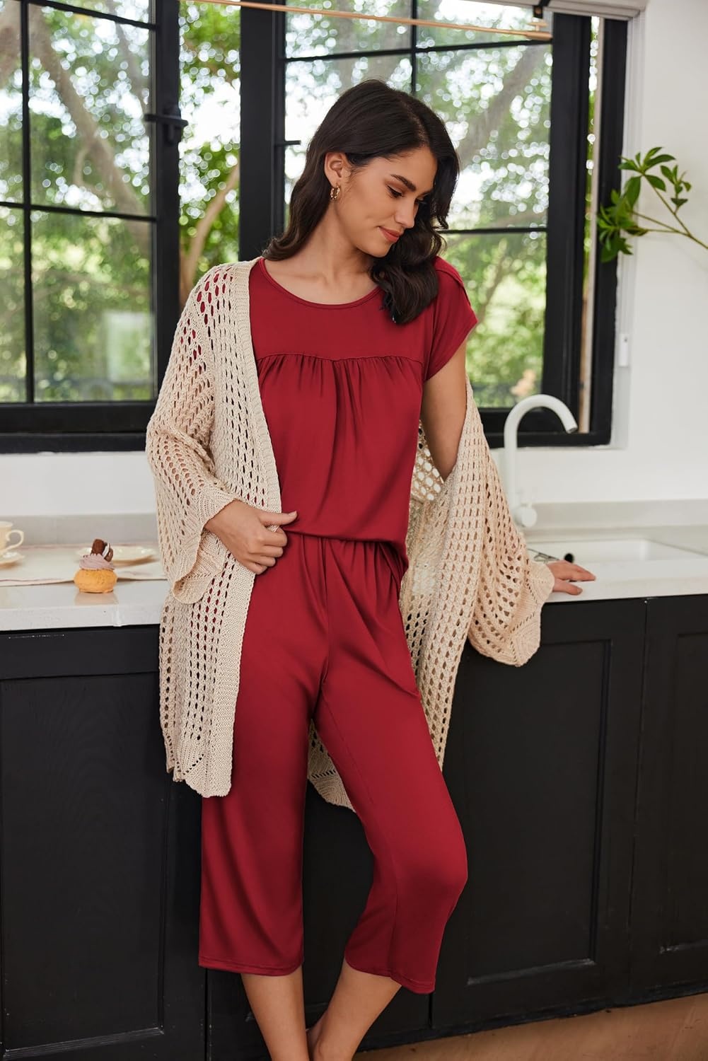 image:imageEkouaer Womens Capri Pajama Set Short Sleeve Mumu Pjs Pleated Top Capri Pants with Pockets Sleepwear Lounge SetWine Red