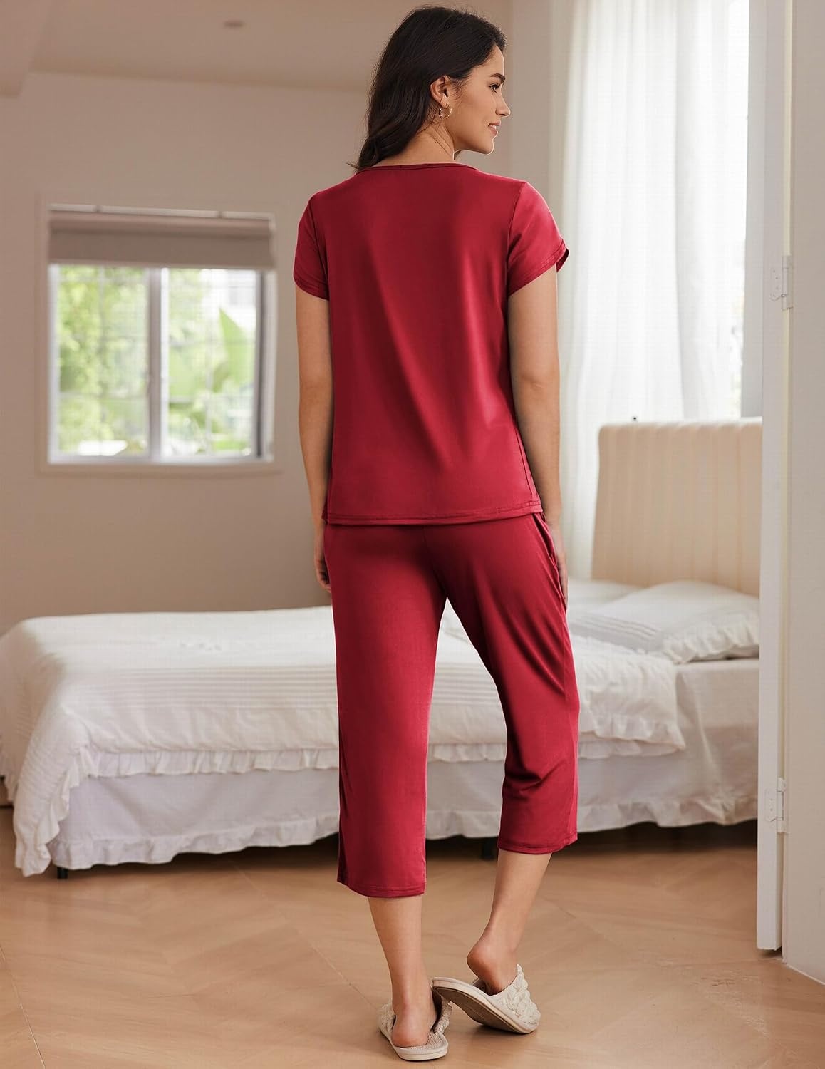 image:imageEkouaer Womens Capri Pajama Set Short Sleeve Mumu Pjs Pleated Top Capri Pants with Pockets Sleepwear Lounge SetWine Red
