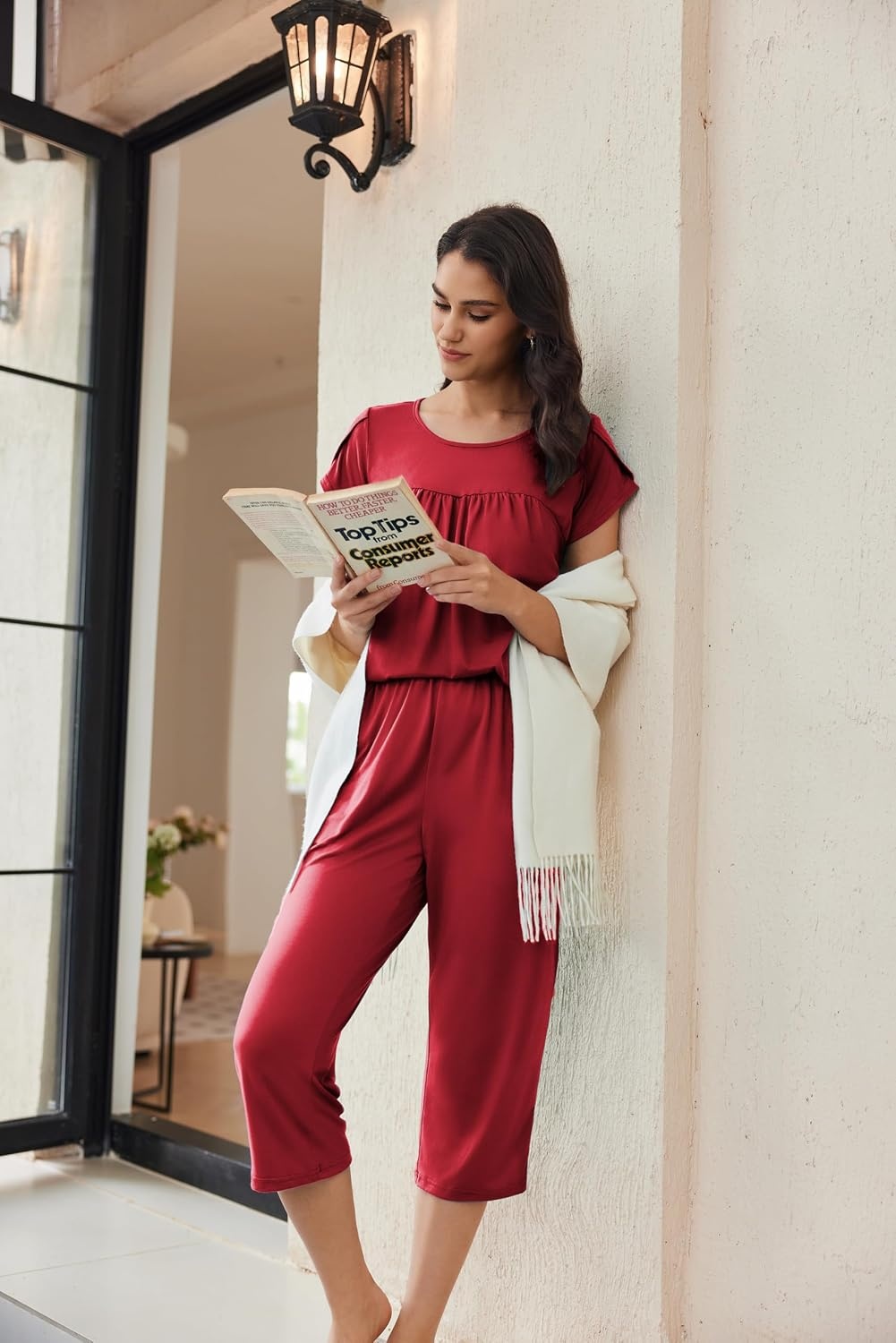 image:imageEkouaer Womens Capri Pajama Set Short Sleeve Mumu Pjs Pleated Top Capri Pants with Pockets Sleepwear Lounge SetWine Red