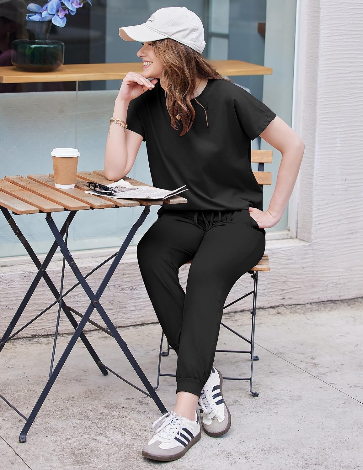 image:imageEkouaer Womens Cotton Matching Lounge Sets Short Sleeve Top and Jogger Pants Set Fashion Casual OutfitsBlack