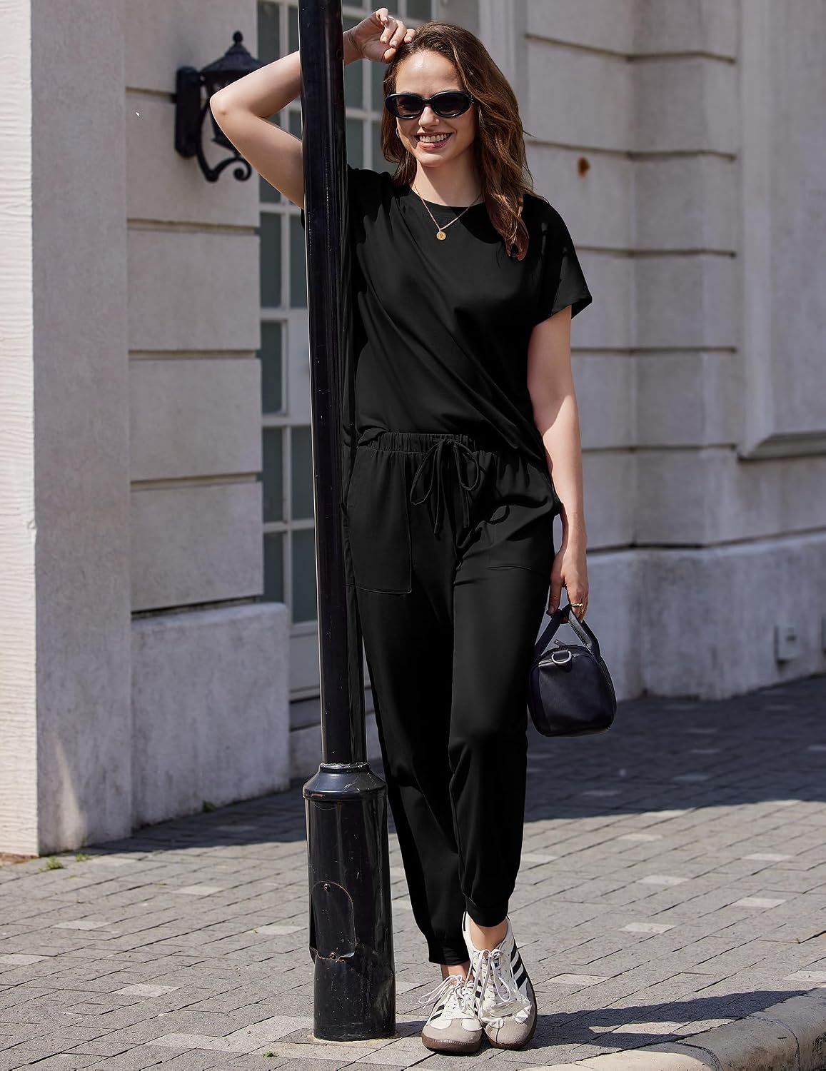 image:imageEkouaer Womens Cotton Matching Lounge Sets Short Sleeve Top and Jogger Pants Set Fashion Casual OutfitsBlack