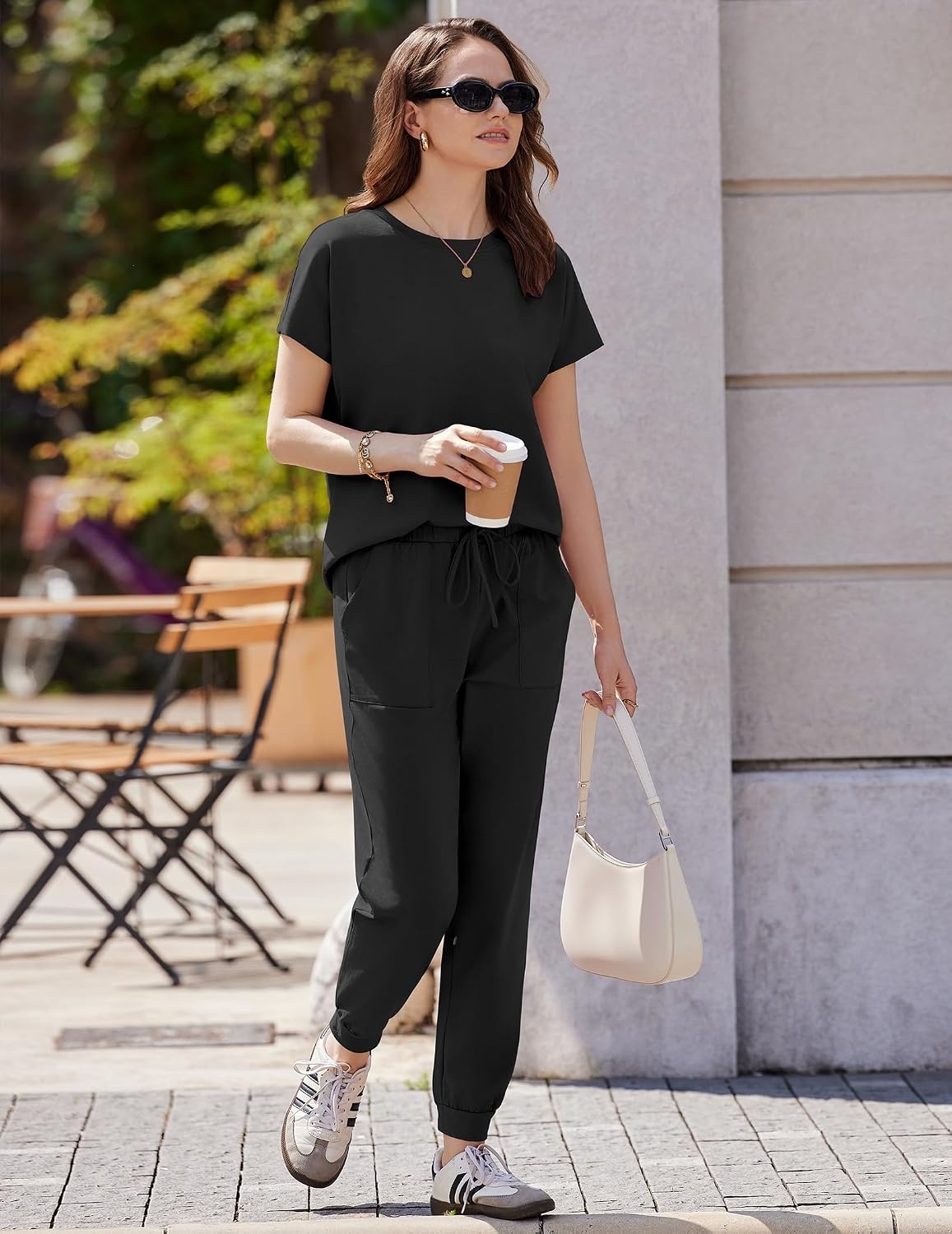 image:imageEkouaer Womens Cotton Matching Lounge Sets Short Sleeve Top and Jogger Pants Set Fashion Casual OutfitsBlack