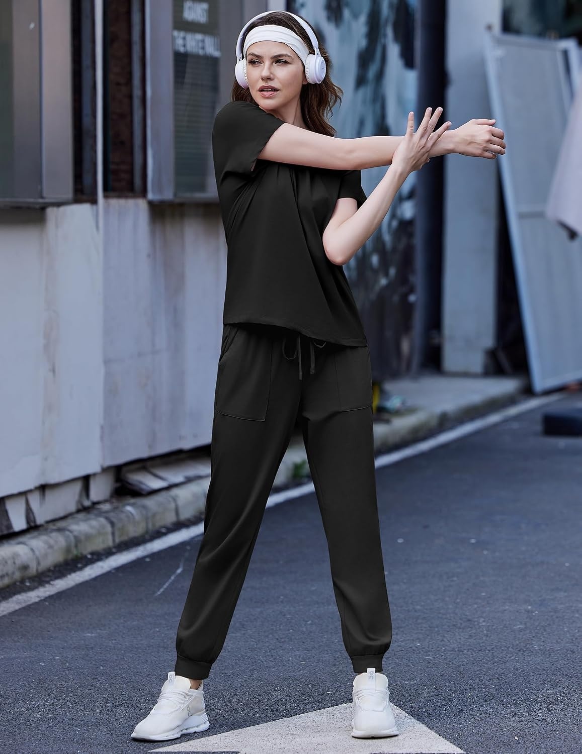 image:imageEkouaer Womens Cotton Matching Lounge Sets Short Sleeve Top and Jogger Pants Set Fashion Casual OutfitsBlack