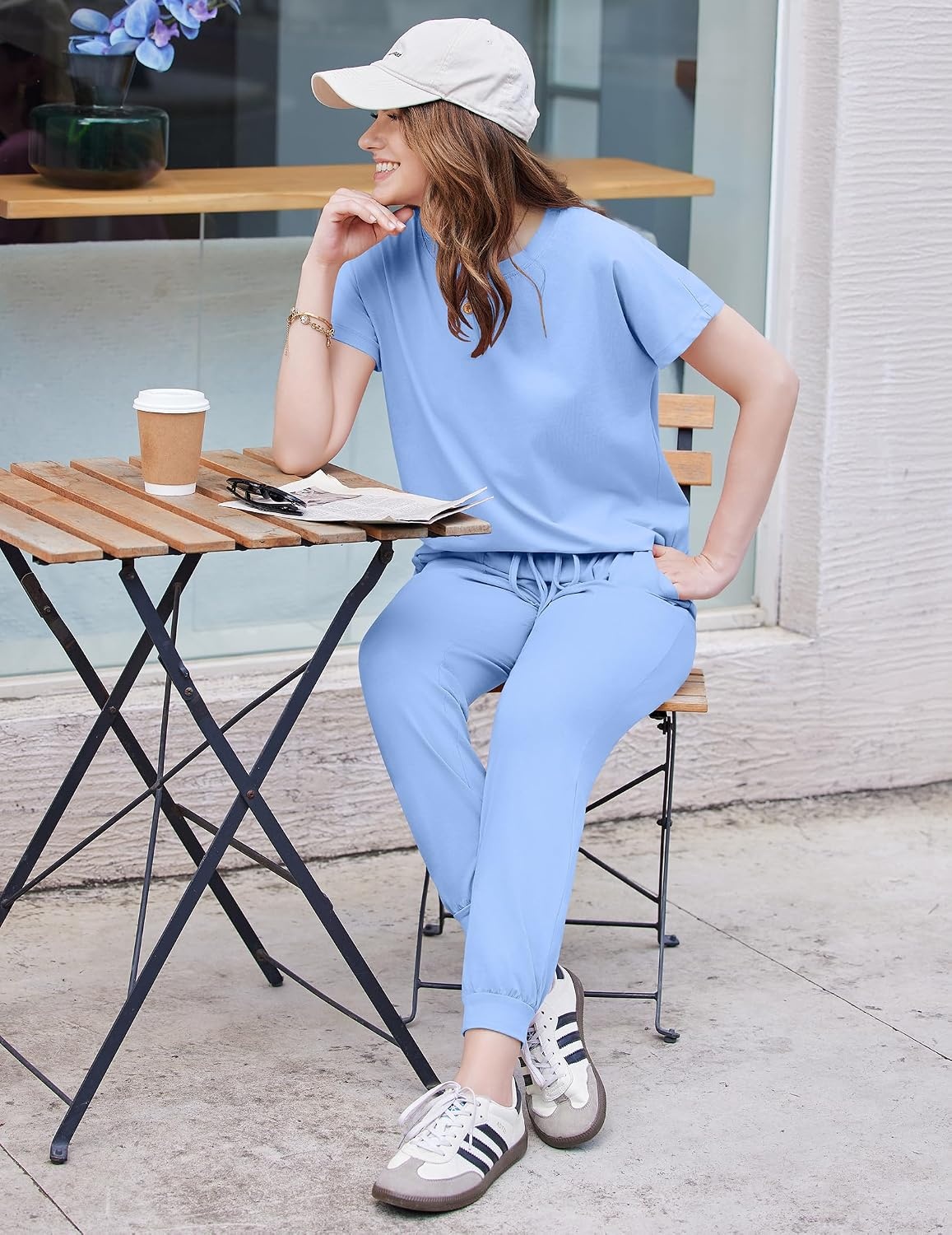 image:imageEkouaer Womens Cotton Matching Lounge Sets Short Sleeve Top and Jogger Pants Set Fashion Casual OutfitsBlue