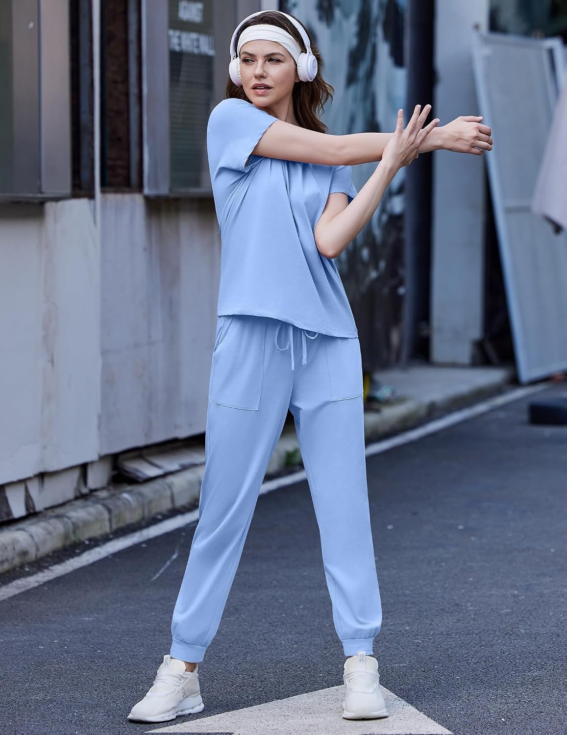 image:imageEkouaer Womens Cotton Matching Lounge Sets Short Sleeve Top and Jogger Pants Set Fashion Casual OutfitsBlue