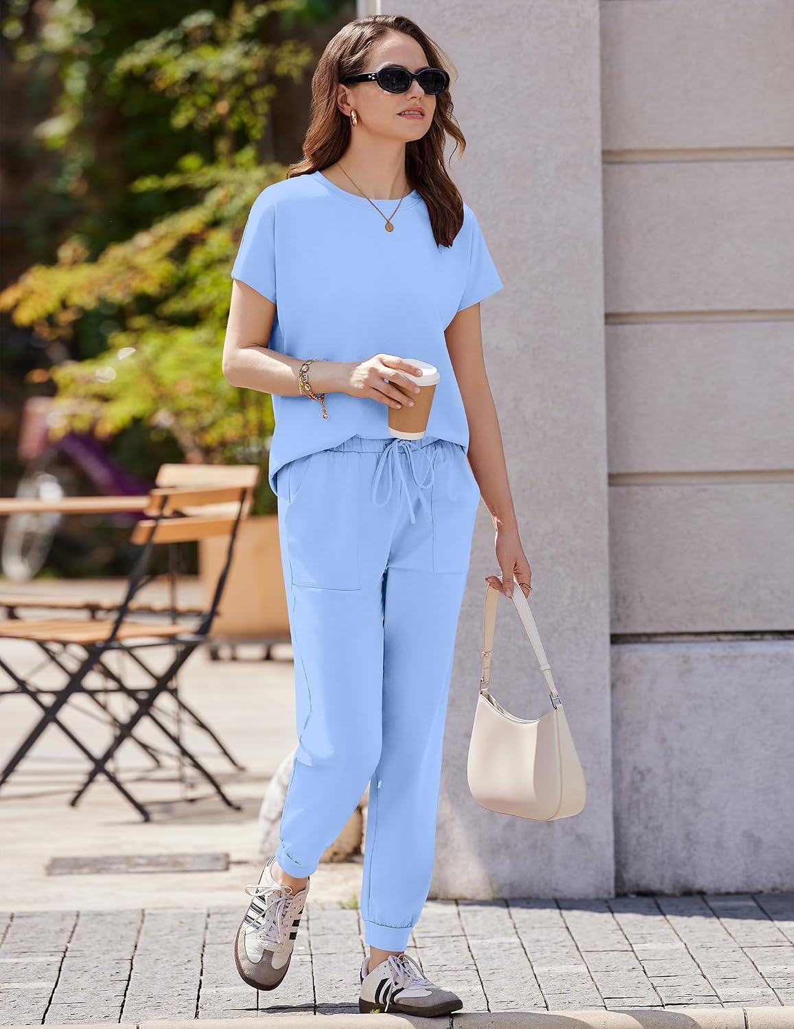 image:imageEkouaer Womens Cotton Matching Lounge Sets Short Sleeve Top and Jogger Pants Set Fashion Casual OutfitsBlue
