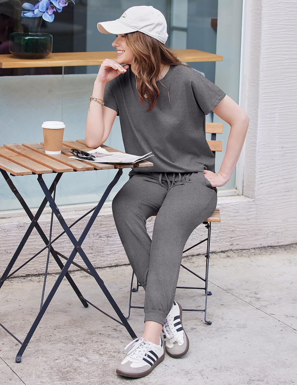 image:imageEkouaer Womens Cotton Matching Lounge Sets Short Sleeve Top and Jogger Pants Set Fashion Casual OutfitsDark Gray