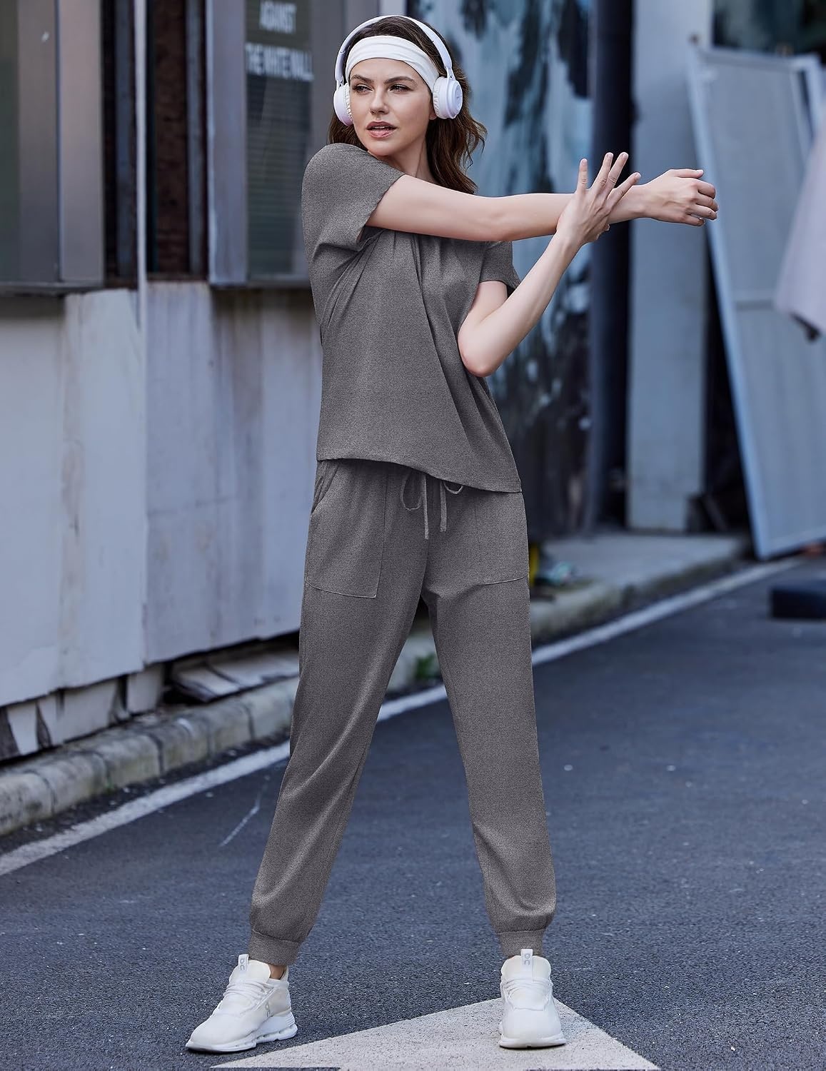 image:imageEkouaer Womens Cotton Matching Lounge Sets Short Sleeve Top and Jogger Pants Set Fashion Casual OutfitsDark Gray
