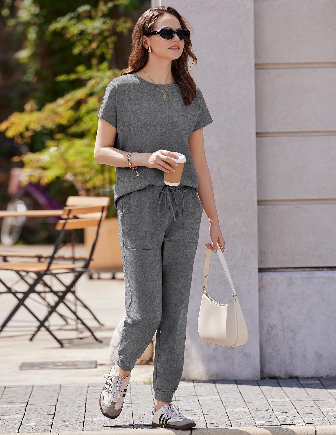 image:imageEkouaer Womens Cotton Matching Lounge Sets Short Sleeve Top and Jogger Pants Set Fashion Casual OutfitsDark Gray