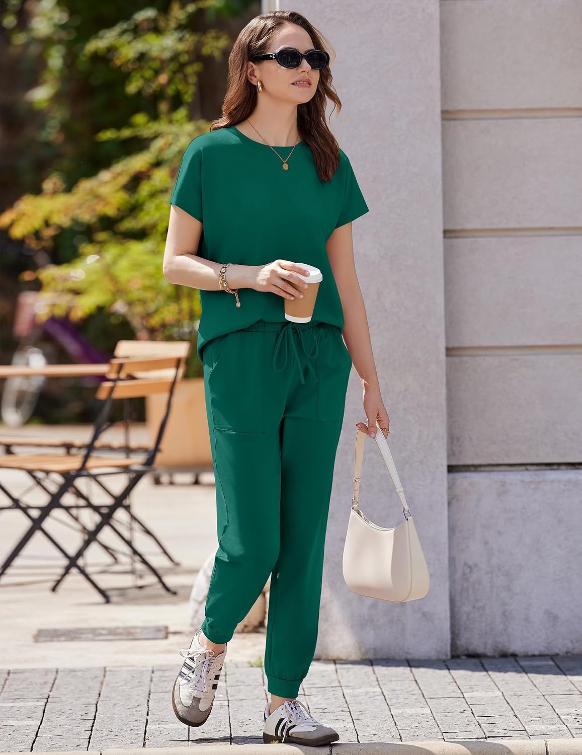 image:imageEkouaer Womens Cotton Matching Lounge Sets Short Sleeve Top and Jogger Pants Set Fashion Casual OutfitsGreen