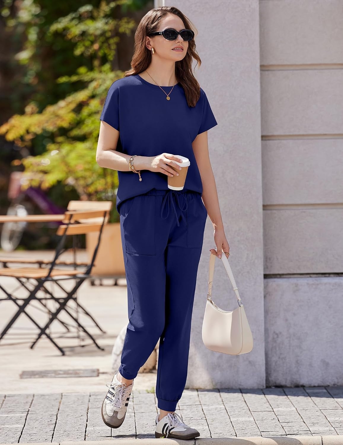 image:imageEkouaer Womens Cotton Matching Lounge Sets Short Sleeve Top and Jogger Pants Set Fashion Casual OutfitsNavy Blue