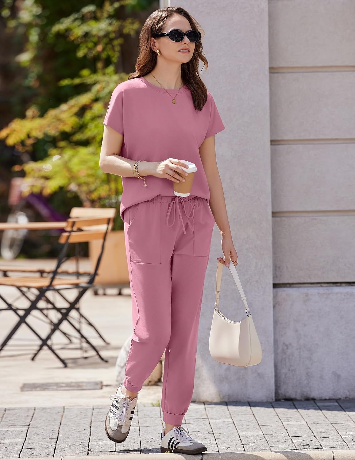 image:imageEkouaer Womens Cotton Matching Lounge Sets Short Sleeve Top and Jogger Pants Set Fashion Casual OutfitsRose Red