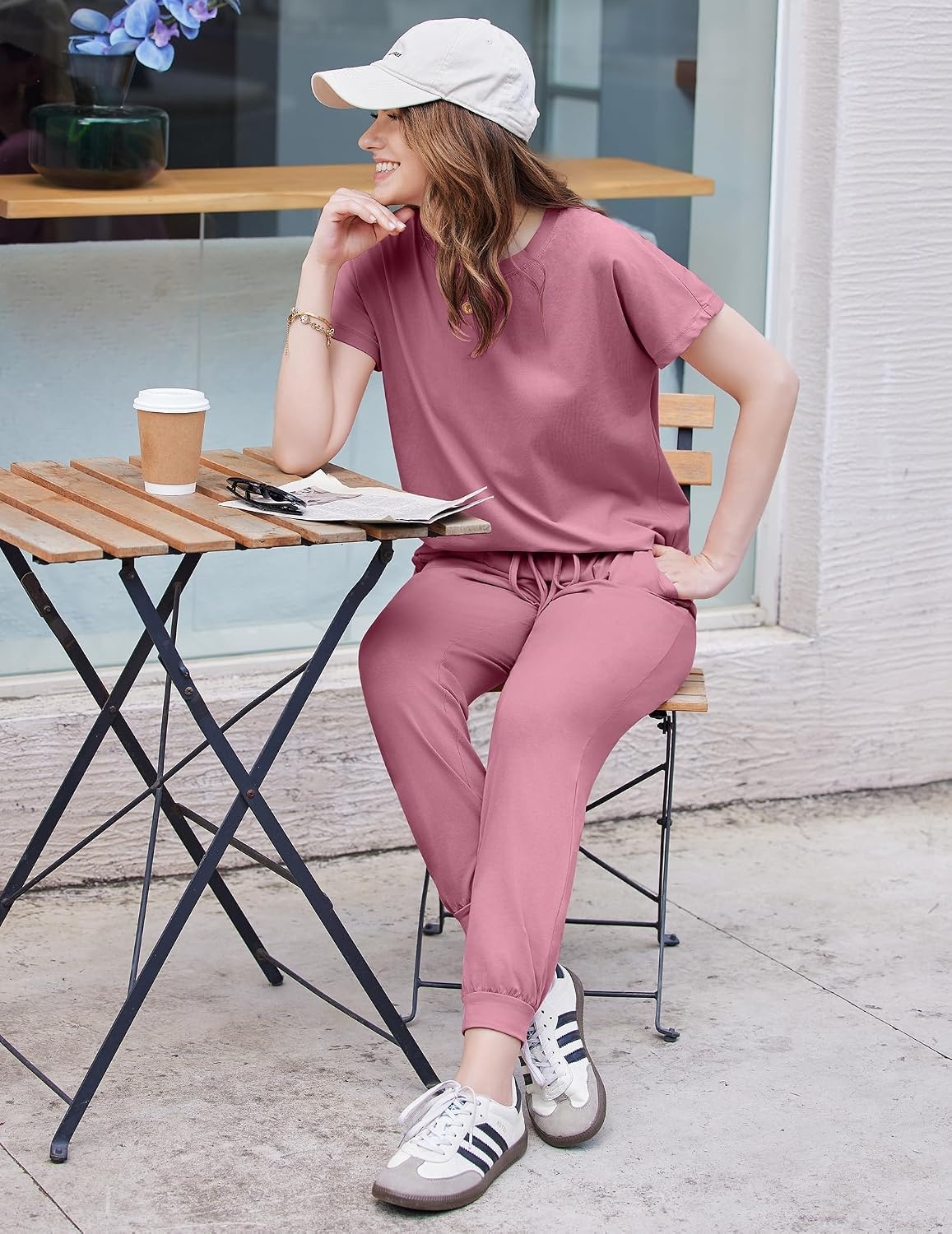 image:imageEkouaer Womens Cotton Matching Lounge Sets Short Sleeve Top and Jogger Pants Set Fashion Casual OutfitsRose Red