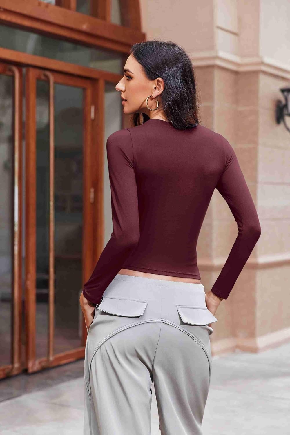 image:imageEkouaer Womens Long Sleeve Shirts Fitted Tops Stretchy Base Layer Basic Tight Thermal Undershirt XSXXLDark Red
