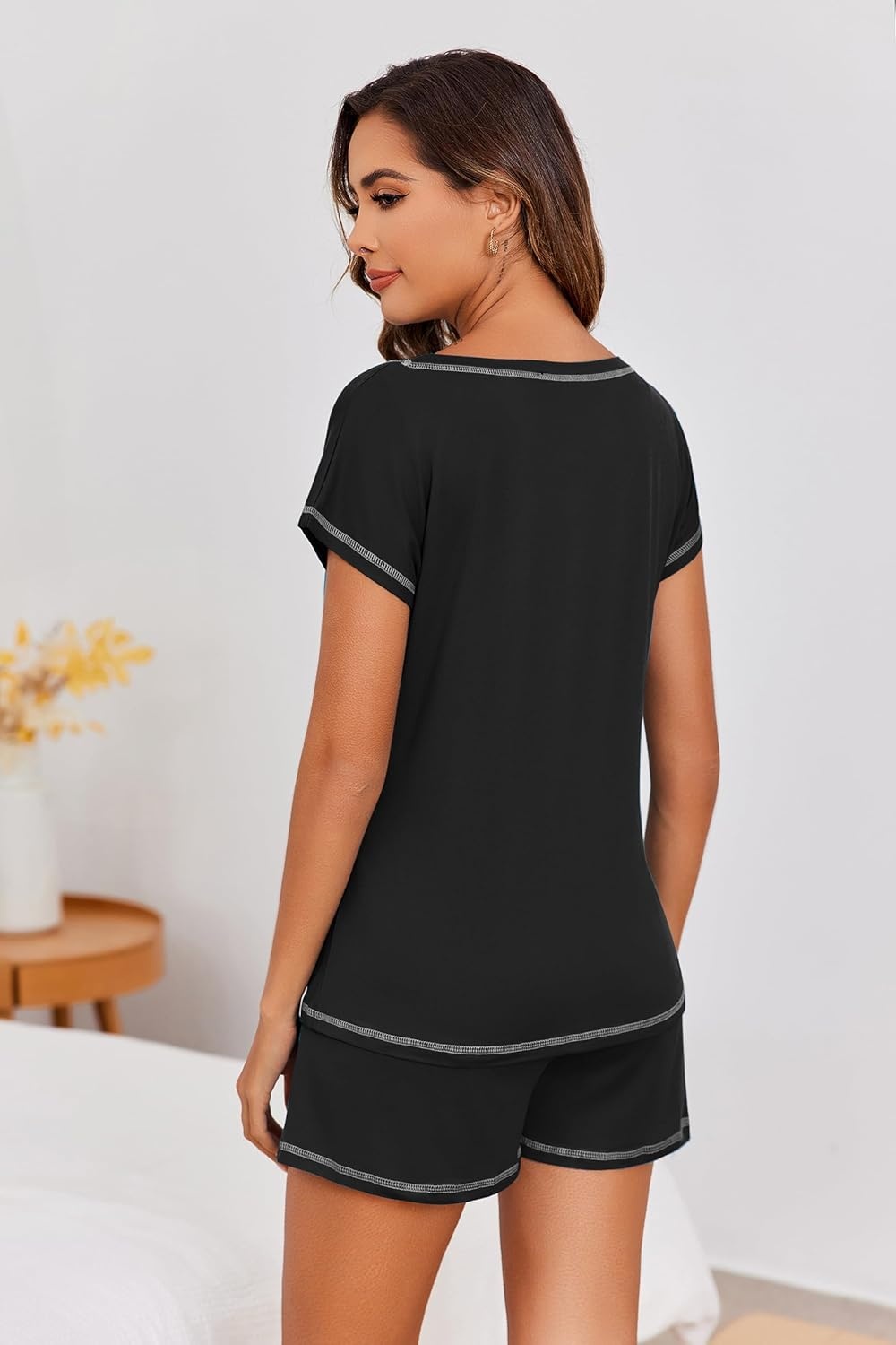 image:imageEkouaer Womens Pajama Sets 2 Piece Soft Short Sleeve Top and Shorts Sleepwear Round Neck Pjs Lounge Set with PocketsBlack