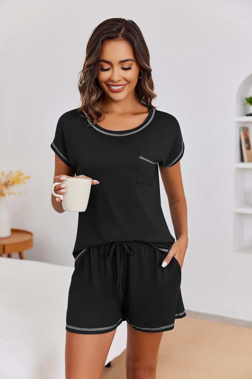 image:imageEkouaer Womens Pajama Sets 2 Piece Soft Short Sleeve Top and Shorts Sleepwear Round Neck Pjs Lounge Set with PocketsBlack